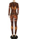 Fall Wholesale Two Piece Clothing Orange Bandage Long Sleeve Crop Top And Pant Set