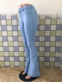Fall Fashion Blue Pocket High Waist Flared Jeans