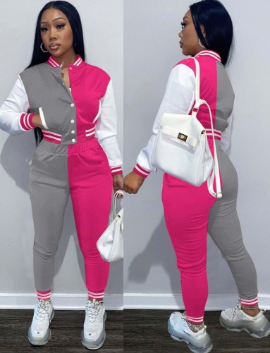 Winter Wholesale Sportswear Pink Contrast Button Open Long Sleeve Top And Pant Two Piece Set
