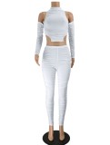 Fall Sexy White Cut Out Long Sleeve Crop Top And Pant Wholesale 2 Piece Outfits