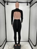 Winter Wholesale Sexy Black Irreglar Backless With Chain Long Sleeve Top And Pant Two Piece Sets