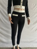 Winter Wholesale 2 Piece Outfits Black Contrast White Long Sleeve Top And Pant Set