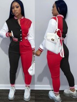 Winter Wholesale Sportswear Red Contrast Button Open Long Sleeve Top And Pant Two Piece Set