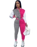 Winter Wholesale Sportswear Pink Contrast Button Open Long Sleeve Top And Pant Two Piece Set