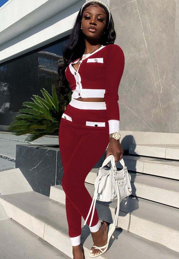 Winter Wholesale 2 Piece Outfits Red Contrast White Long Sleeve Top And Pant Set