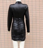 Winter Sexy Black High Neck Long Sleeve Pu Leather Bodycon Dress