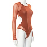 Fall Sexy Brown Round Neck Long Sleeve See Through Bodysuit