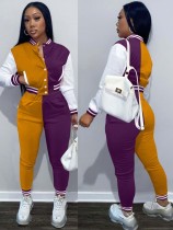 Winter Wholesale Sportswear Purple Contrast Button Open Long Sleeve Top And Pant Two Piece Set