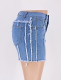 Fall Fashion Blue Line Raw Edge High Waist Jeans Shorts