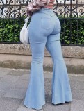 Fall Fashion Blue Pocket High Waist Flared Jeans