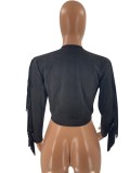 Winter Fashion Black Zipper Long Sleeve Tassels Top