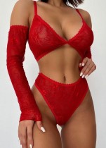Conjunto de lencería sexy de encaje rojo transparente con sujetador y bragas con manga