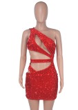 Summer Sexy Red Sequins Cut Cut One Shoulder Sleeveless Mini Dress