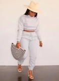 Winter Wholesale Two Piece Clothing Grey Round Neck Long Sleeve Crop Top And Pant Set