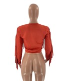 Winter Fashion Orange Zipper Long Sleeve Tassels Top