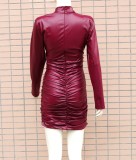 Winter Sexy Red High Neck Long Sleeve Pu Leather Bodycon Dress