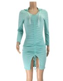 Fall Casual Blue Ruched Long Sleeve With Hood Dress