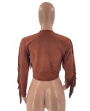 Winter Fashion Brown Zipper Long Sleeve Tassels Top