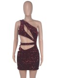 Summer Sexy Wine Sequins Cut Cut One Shoulder Sleeveless Mini Dress
