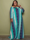 Fall Plus Size Stripe Print Off Shoulder Long Sleeve Maxi Dress
