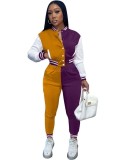 Winter Wholesale Sportswear Purple Contrast Button Open Long Sleeve Top And Pant Two Piece Set