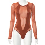 Fall Sexy Brown Round Neck Long Sleeve See Through Bodysuit