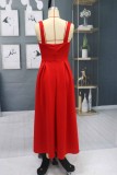 Winter Red Vintage Pleated Strap Long Bridemaid Dress