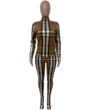 Winter Brown Plaid Print Shirt and Pants Wholesale Two Piece Sets