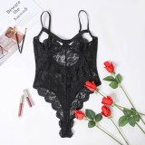Sexy Black Floral Lace Hollow Out Strap Bodysuit Lingerie