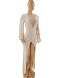 Winter Beige Patch Long Sleeves Slit Long Evening Gown
