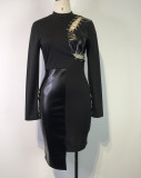 Winter Sexy Black Contrast Pu Leather Long Sleeve Bodycon Dress