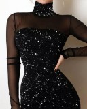 Winter Black Mesh Patch Turtleneck Shiny Mini Club Dress