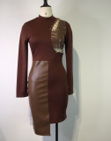 Winter Sexy Brown Contrast Pu Leather Long Sleeve Bodycon Dress