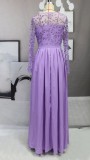 Winter Purple Sequined Long Sleeves Side Slit Pleated Long Evening Dress