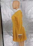 Winter Yellow Long Sleeve Pleated Casual Shirt Dress