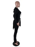 Winter Black Knitting Side Slit Hood Top and Pants Wholesale Womens 2 Piece Sets