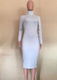 Winter Grey Turtleneck Full Sleeve Long Bodycon Dress