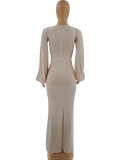 Winter White Patch Long Sleeves Slit Long Evening Gown