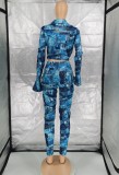 Winter Blue Print Tight Crop Top and Pants Wholesale Two Piece Clothing