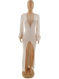 Winter Beige Patch Long Sleeves Slit Long Evening Gown