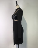 Winter Sexy Black Contrast Pu Leather Long Sleeve Bodycon Dress