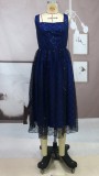 Winter Blue Sleeveless Pleated Square Long Bridemaid Dress