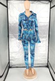 Winter Blue Print Tight Crop Top and Pants Wholesale Two Piece Clothing