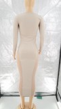 Winter Beige Patch Cut Out Long Sleeves Long Bodycon Dress
