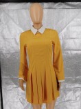 Winter Yellow Long Sleeve Pleated Casual Shirt Dress