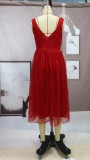 Winter Red Sleeveless Pleated Square Long Bridemaid Dress