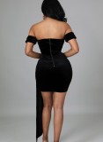 Winter Black Velvet Strapless Ruched Mini Club Dress