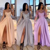 Winter Purple Sequined Long Sleeves Side Slit Pleated Long Evening Dress
