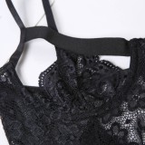Sexy Black Floral Lace Hollow Out Strap Bodysuit Lingerie