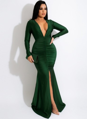 Зимнее сексуальное зеленое платье с глубоким v-образным вырезом и длинным рукавом с разрезом и русалкой